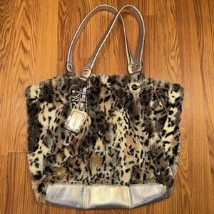B. MAKOWSKY large animal Cheetah print faux Fur Genuine Leather Hobo Bag